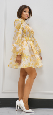 Ray Of Sunshine Yellow Floral Long Sleeve Dress With Belt