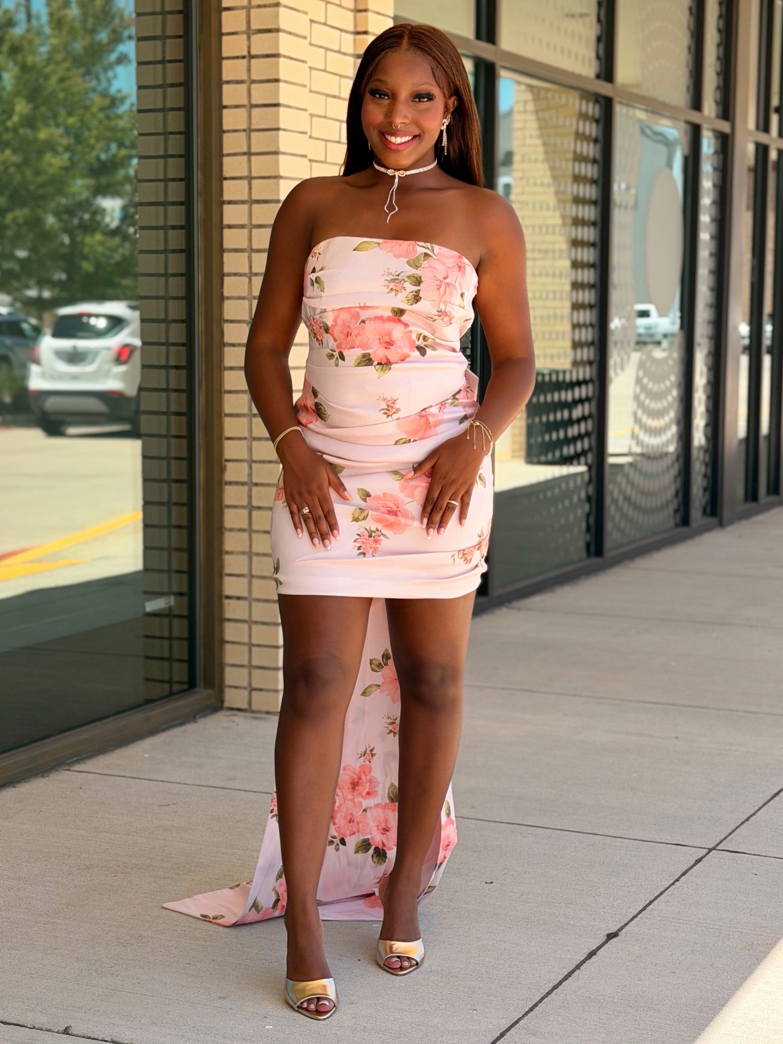 Molly Blush Pink Floral Bow Train Strapless Mini Dress