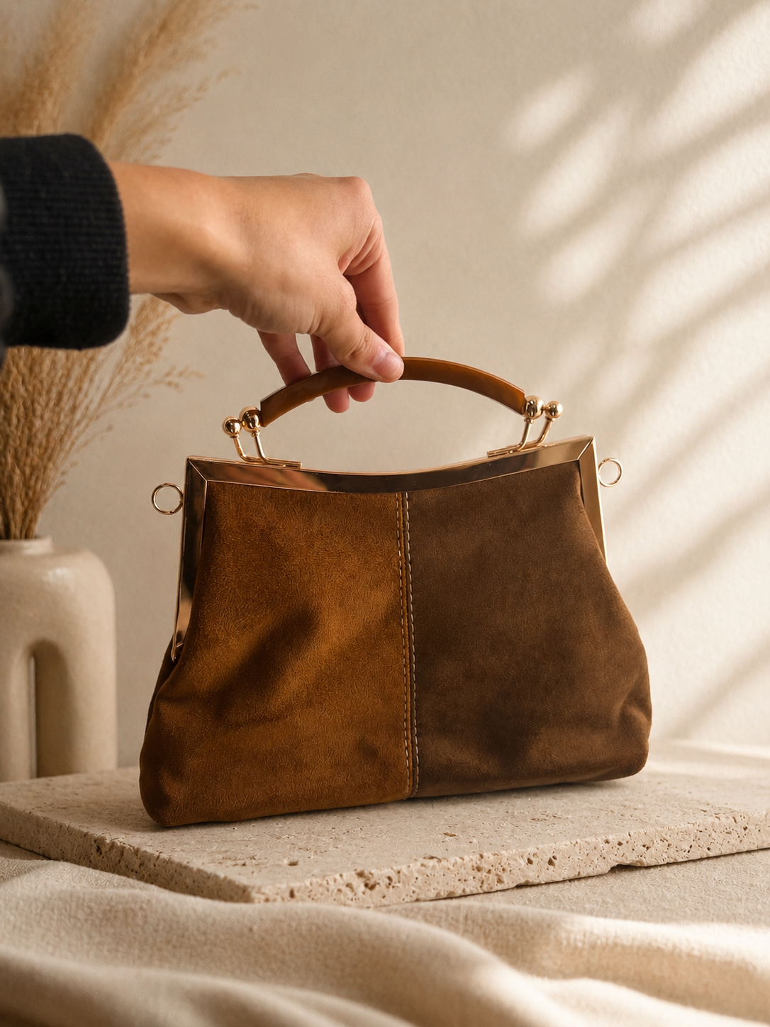 Suede Structured Top Handle Mini Bag