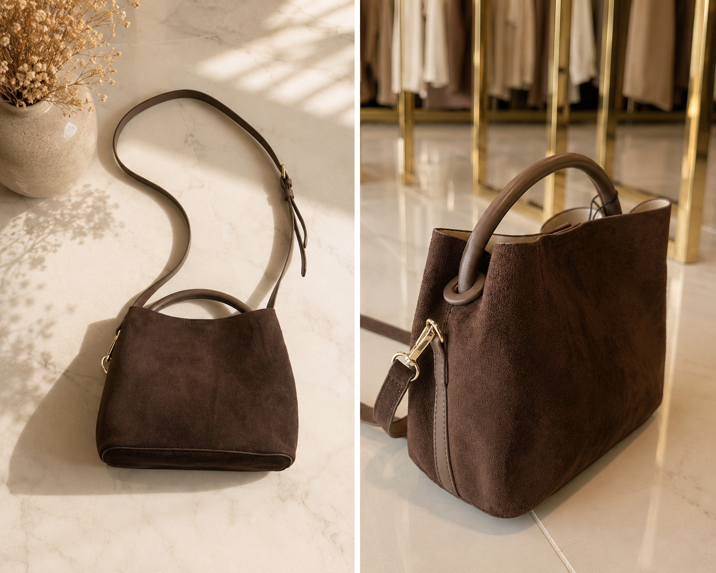 Lucia Brown Suede With Leather Accents Mini Tote Bag