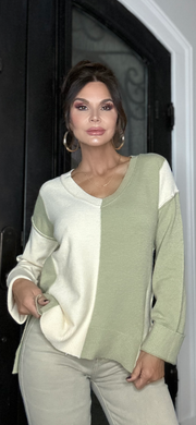 Sandy olive and cream color block v neck sweater