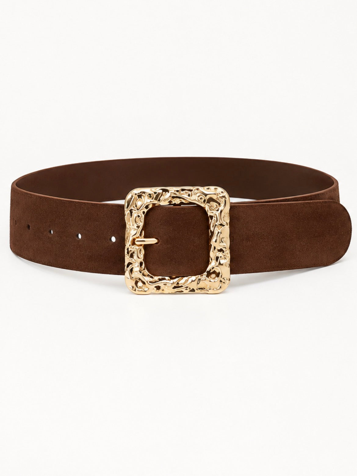 Suede Belt With Gold Abstract Square Buckle