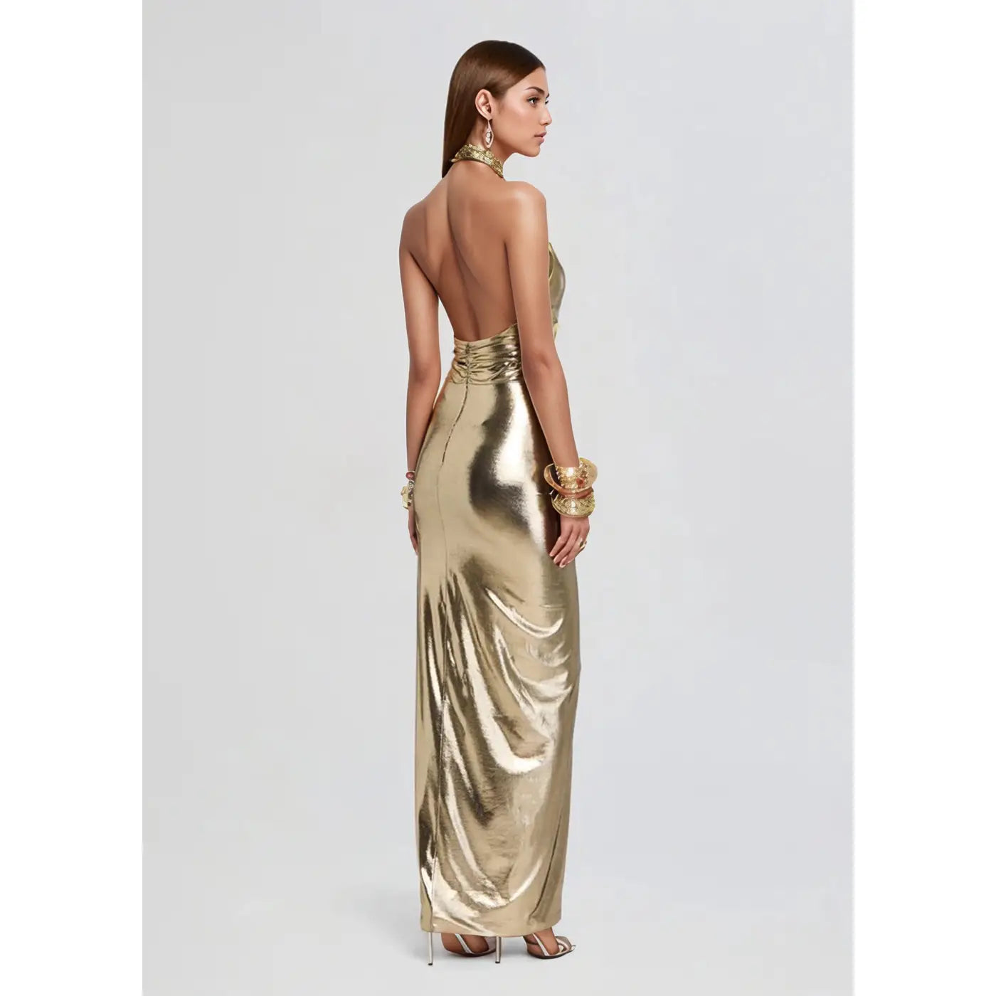 Alina Champagne Gold Leather Halter Midi With Front Slit