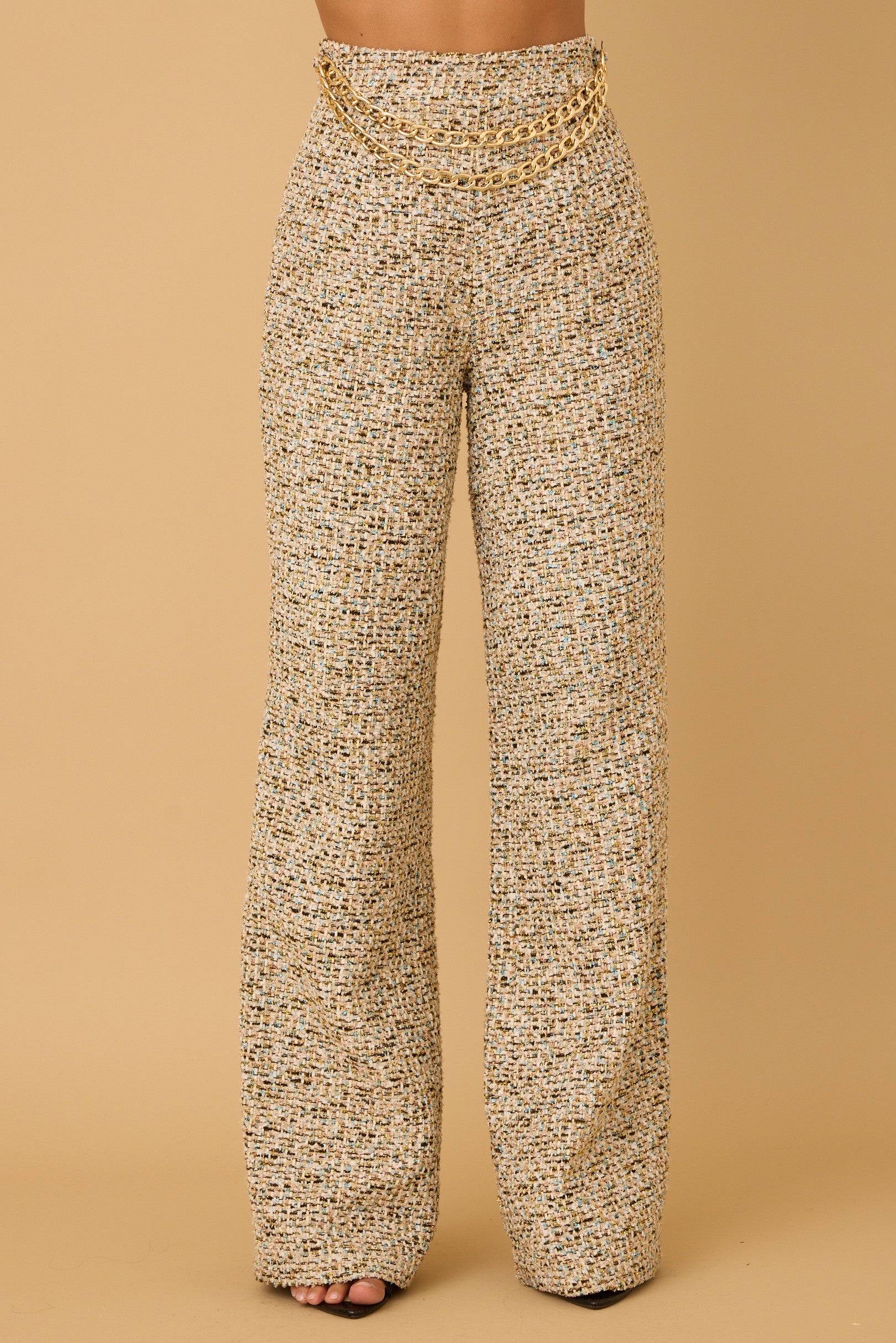 Cindy tweed wide leg pant with chain belt