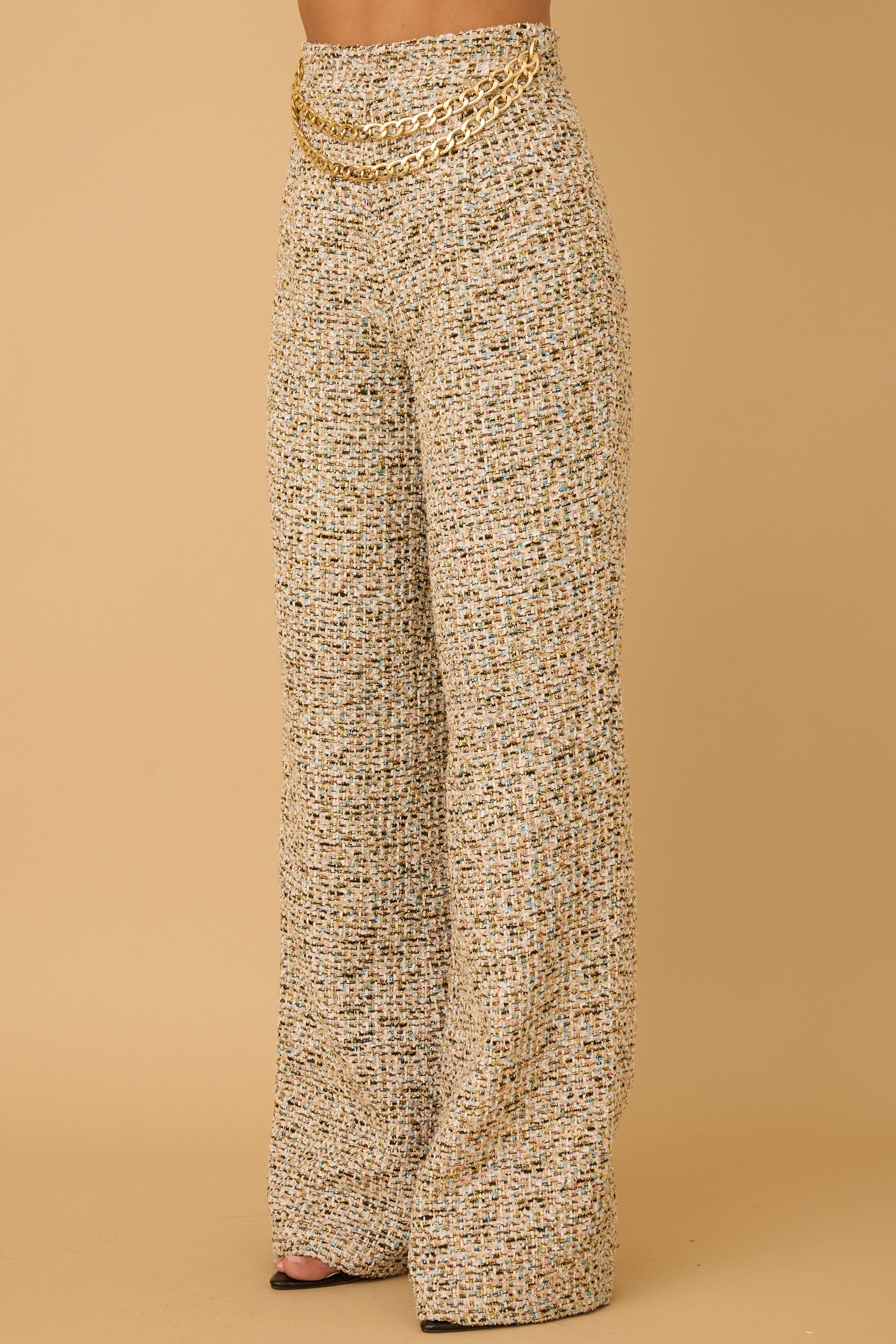 Cindy tweed wide leg pant with chain belt