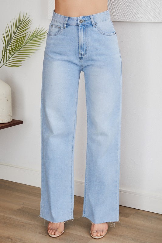 Jaylon light wash high rise wide leg  raw hem jean