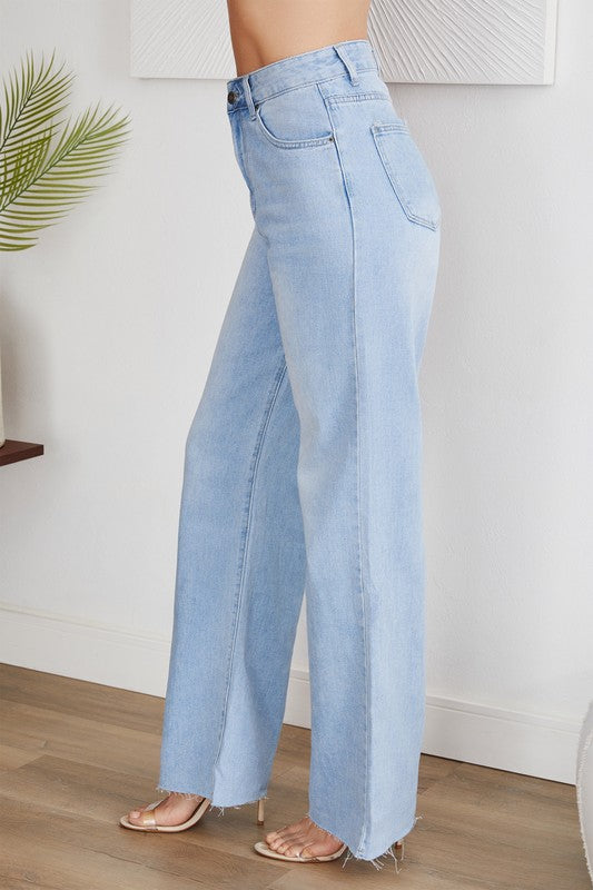 Jaylon light wash high rise wide leg  raw hem jean