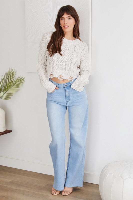 Jaylon light wash high rise wide leg  raw hem jean