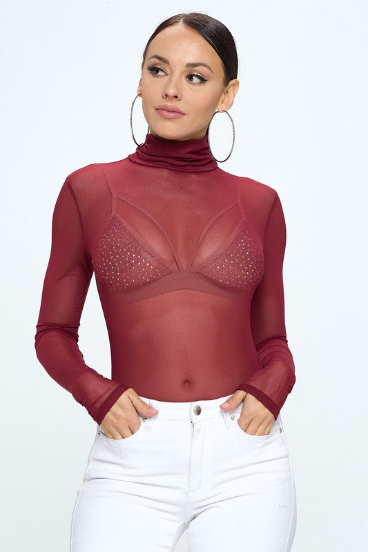 Gigi burgundy long sleeve mesh mock neck bodysuit