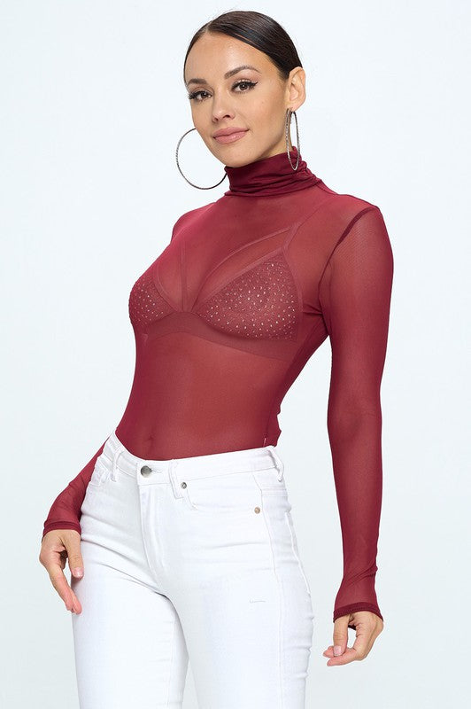 Gigi burgundy long sleeve mesh mock neck bodysuit