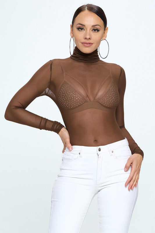 Gigi brown long sleeve mesh mock neck bodysuit