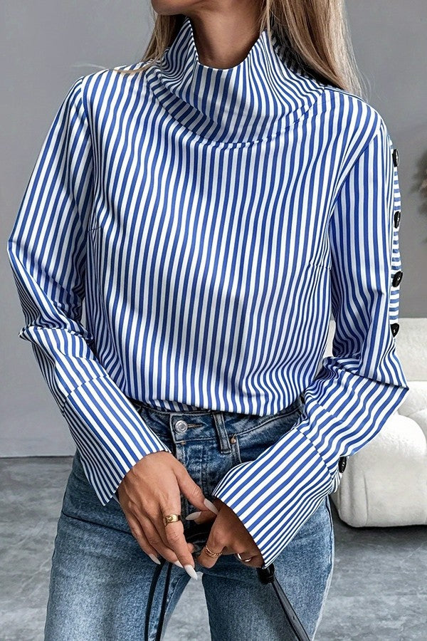 Cleo blue striped high neck long sleeve top