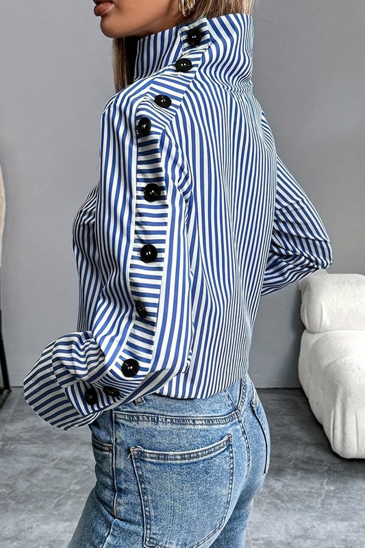 Cleo blue striped high neck long sleeve top