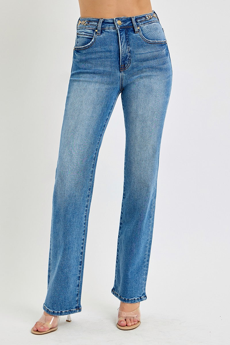 Peggy medium wash high rise straight leg jean with gold belt hardware