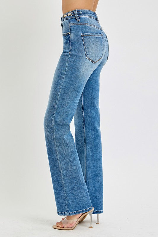 Peggy medium wash high rise straight leg jean with gold belt hardware