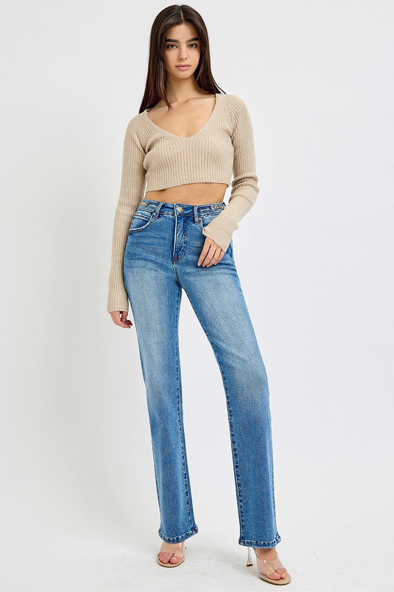 Peggy medium wash high rise straight leg jean with gold belt hardware