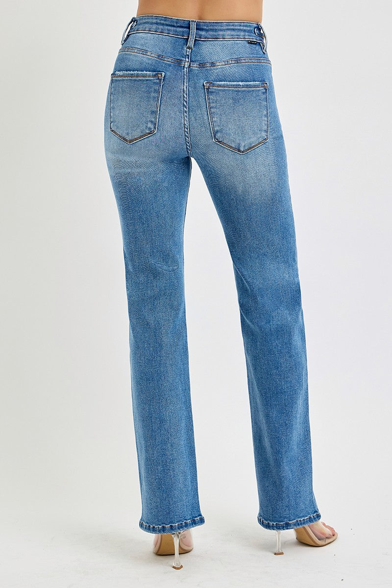 Peggy medium wash high rise straight leg jean with gold belt hardware