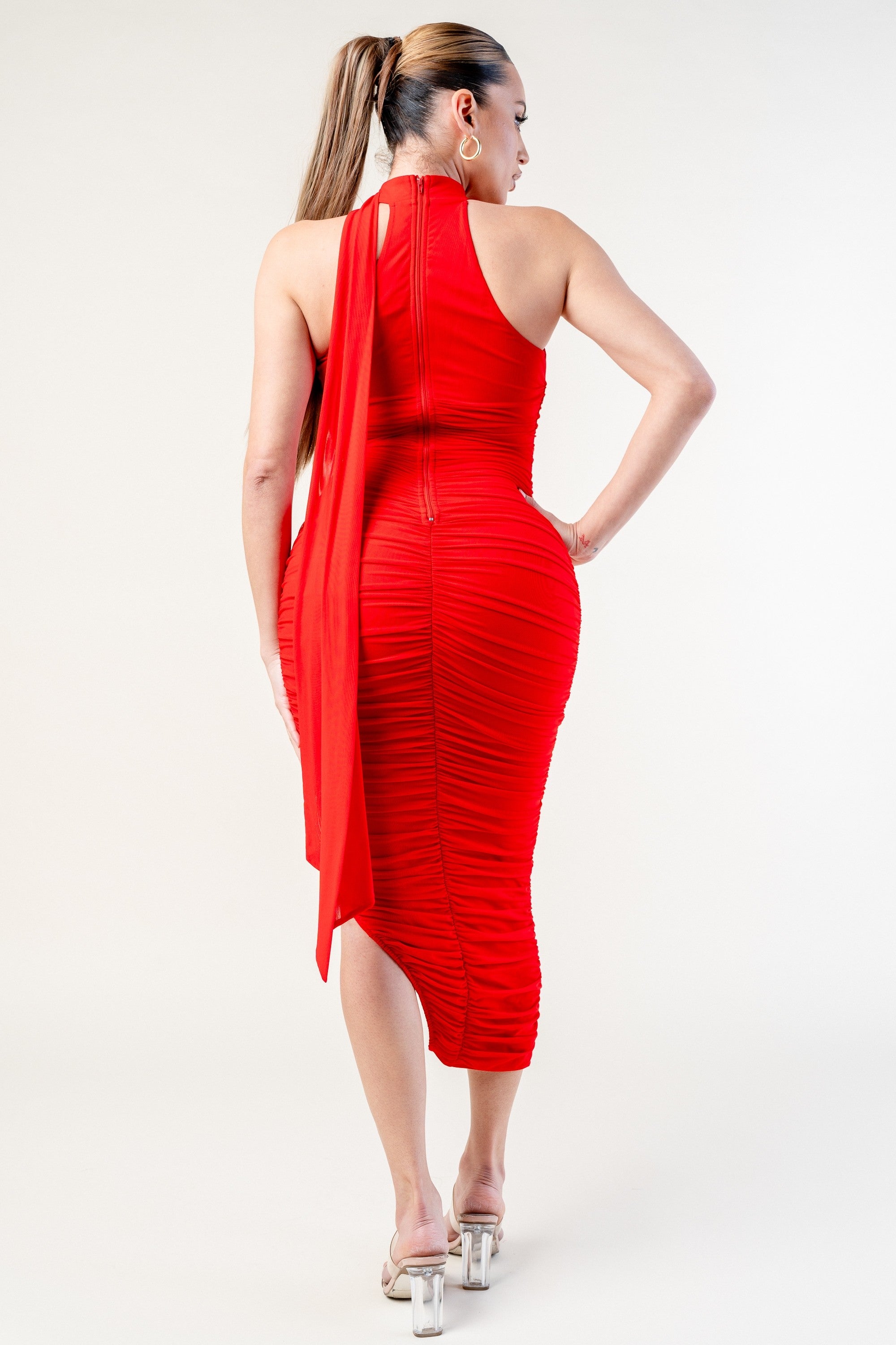 Rebel red mesh ruched halter neck midi dress