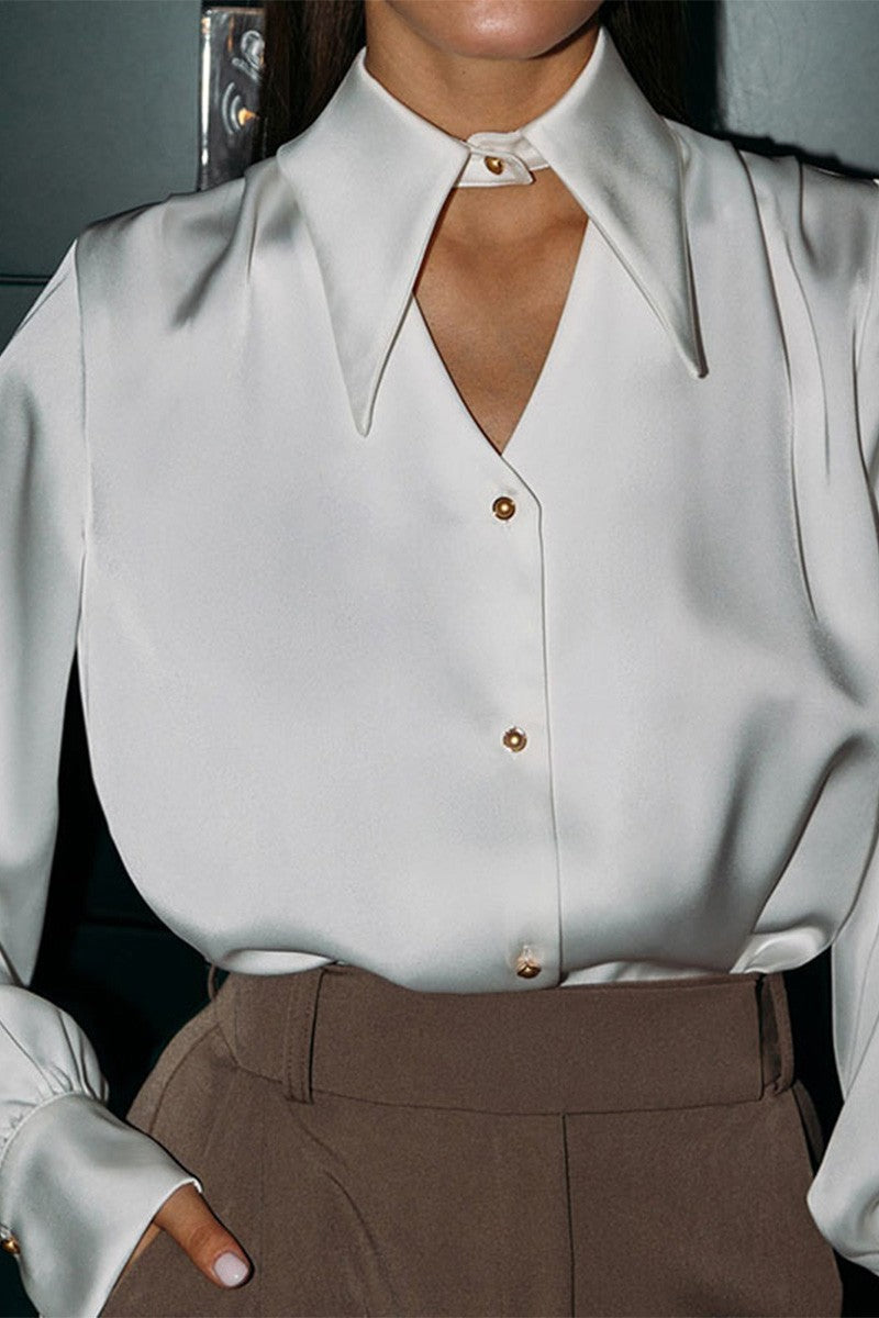 Lydia white satin V-neck collard shirt with keyhole