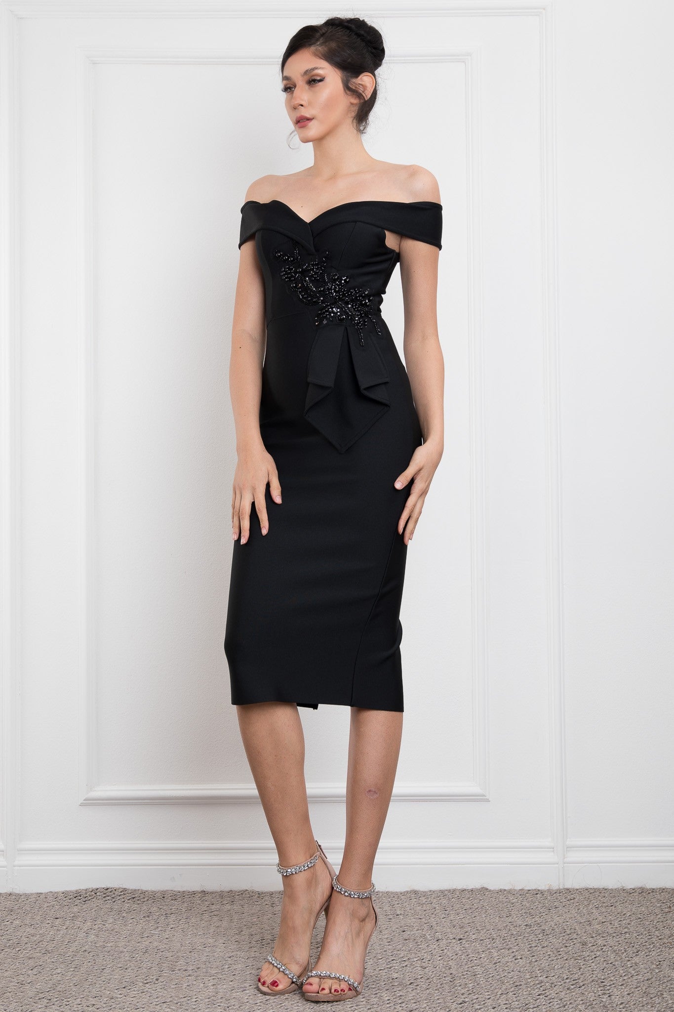 Lexi black off the shoulder midi bandage dress