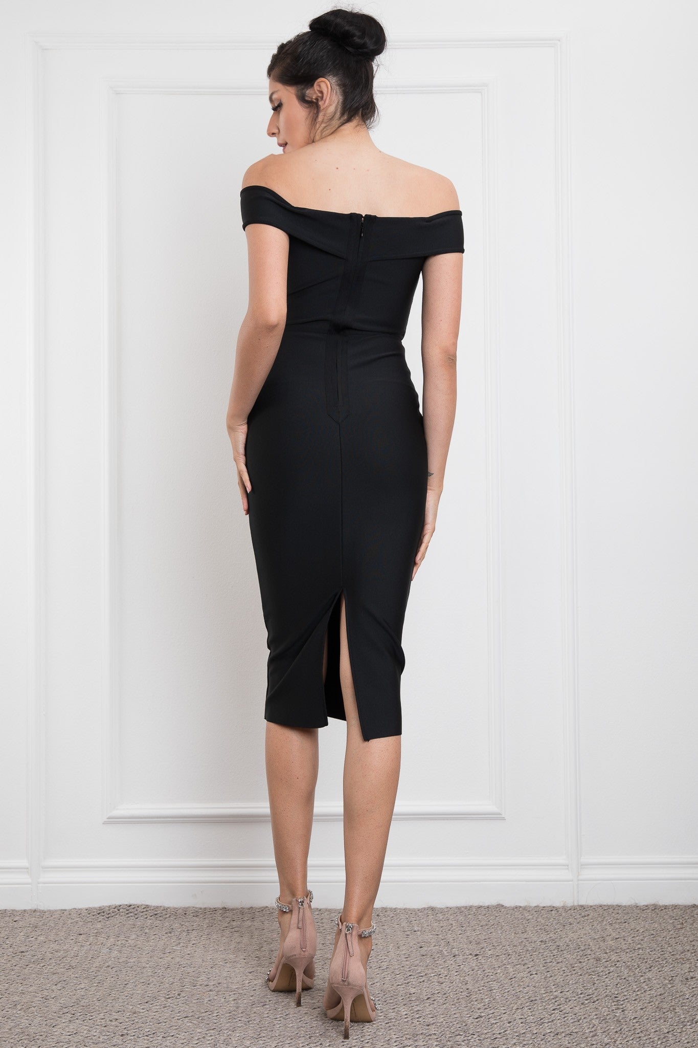 Lexi black off the shoulder midi bandage dress