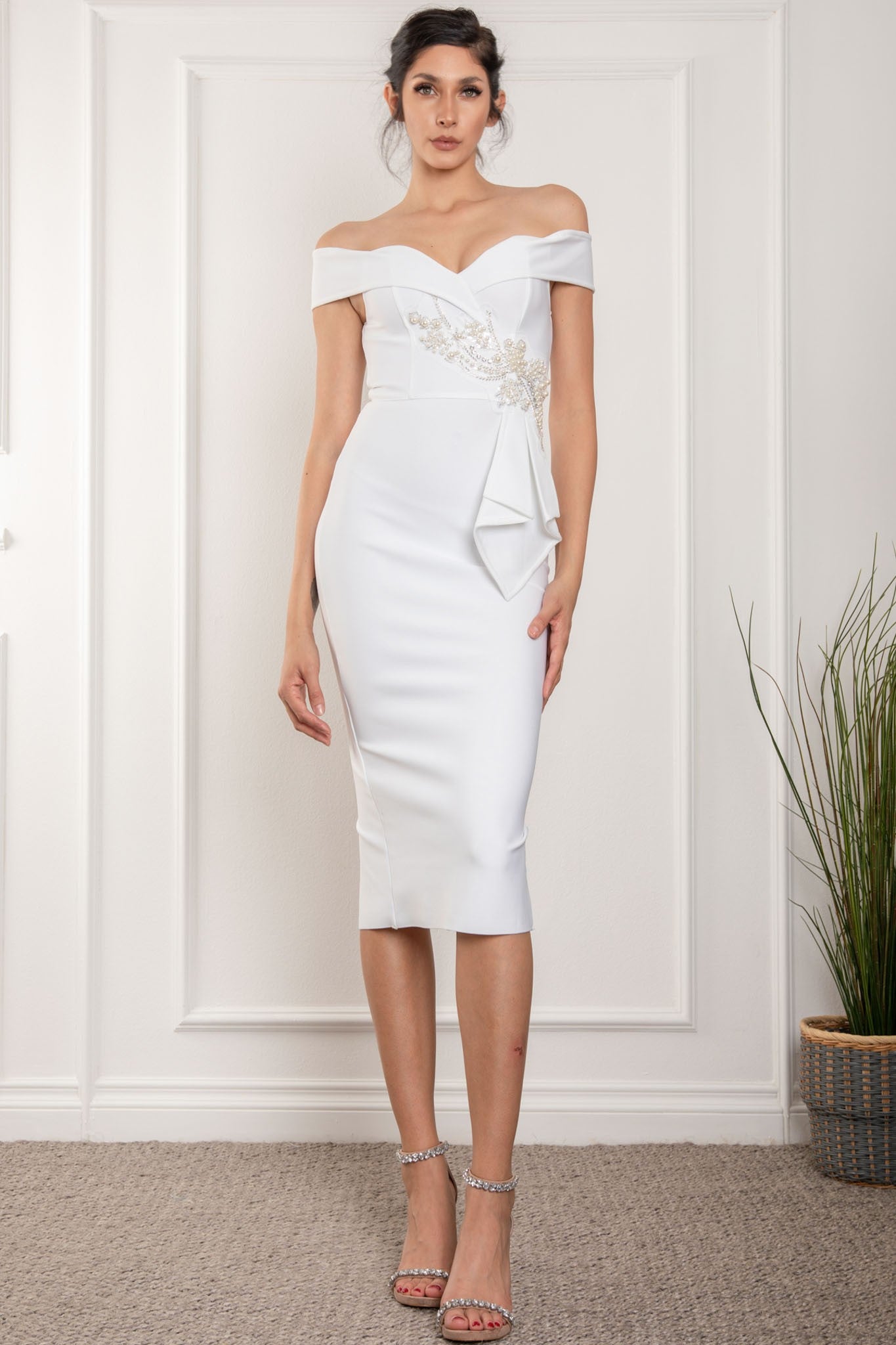 Lexi white off the shoulder midi bandage dress