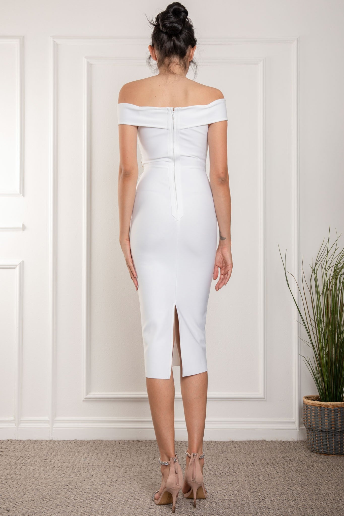 Lexi white off the shoulder midi bandage dress