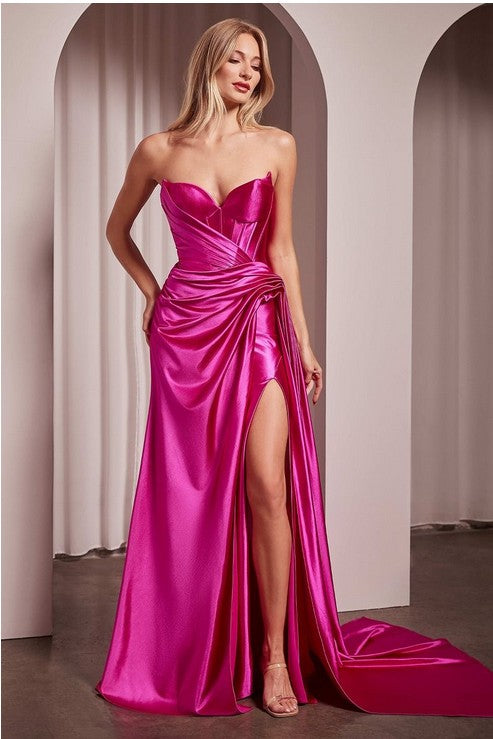 Gaia fuchsia satin formal dress with pleated bodice and high slit and train