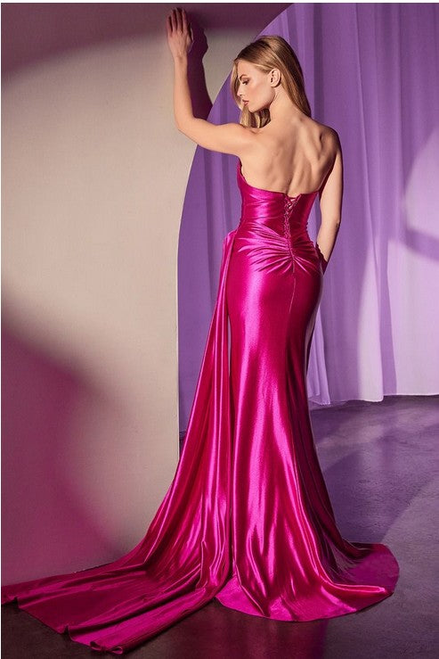 Gaia fuchsia satin formal dress with pleated bodice and high slit and train