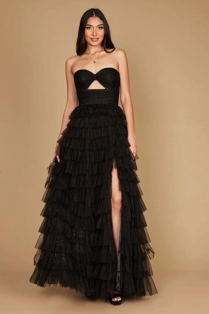 Adaline black layered tulle tiered formal with slit