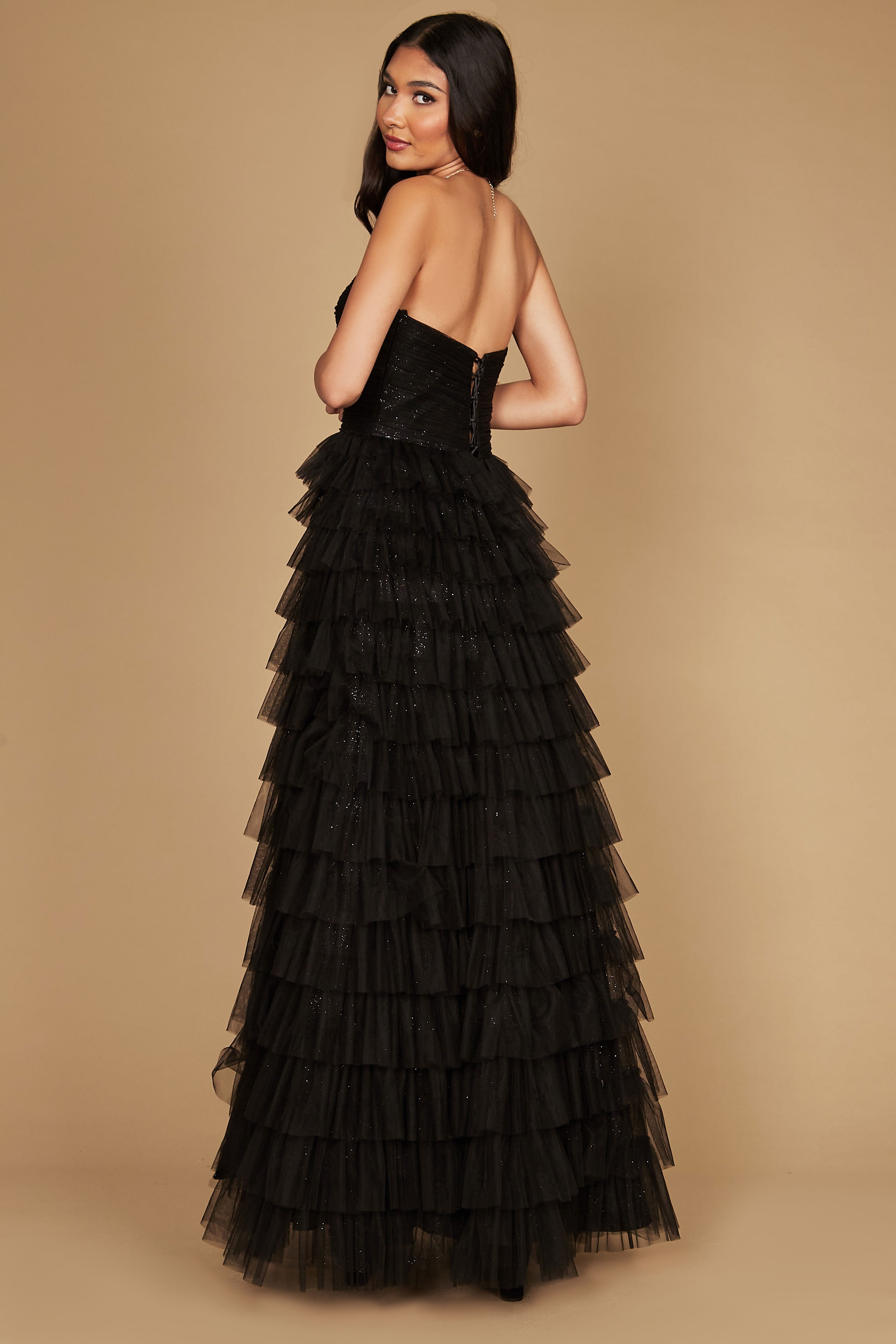 Adaline black layered tulle tiered formal with slit