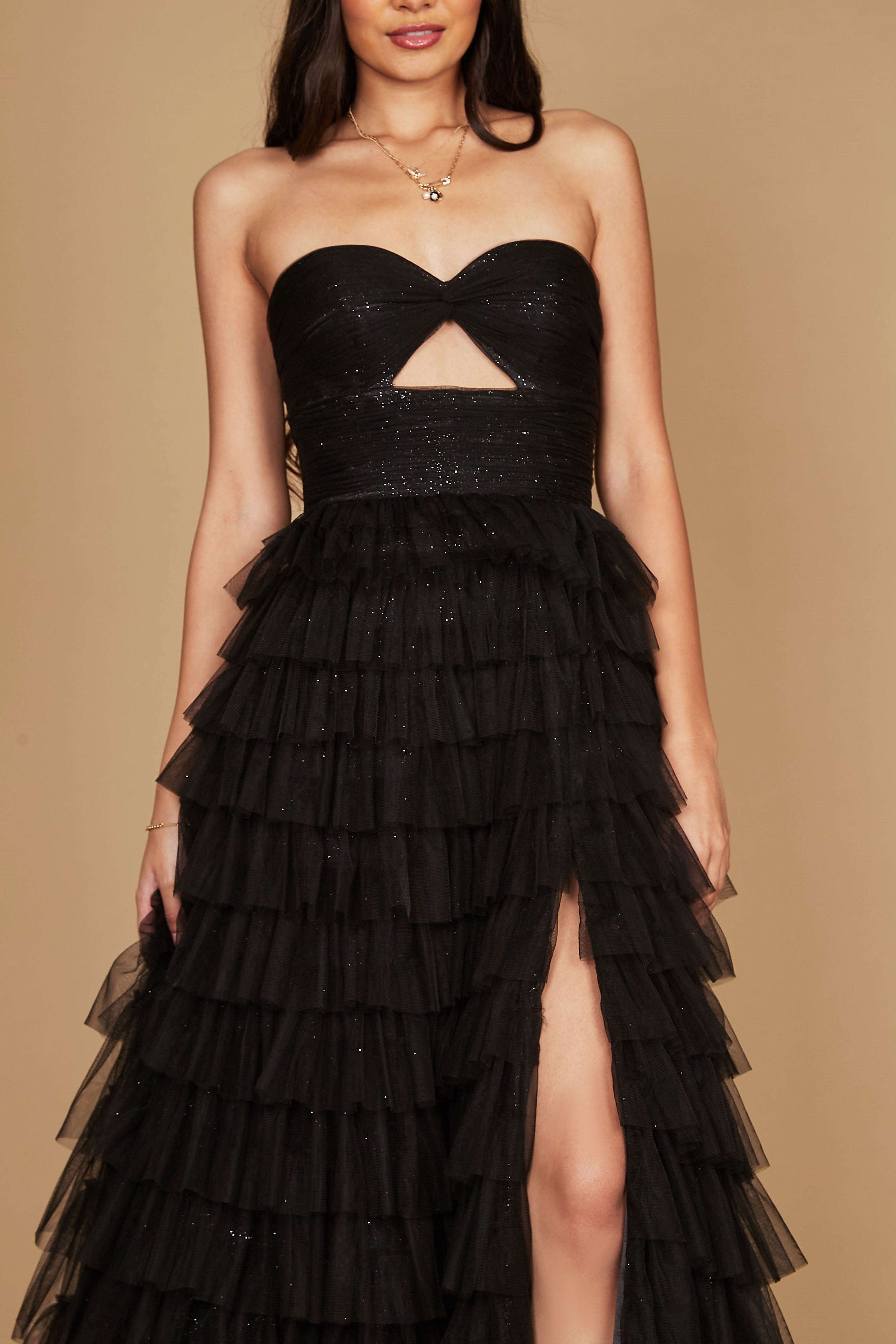 Adaline black layered tulle tiered formal with slit