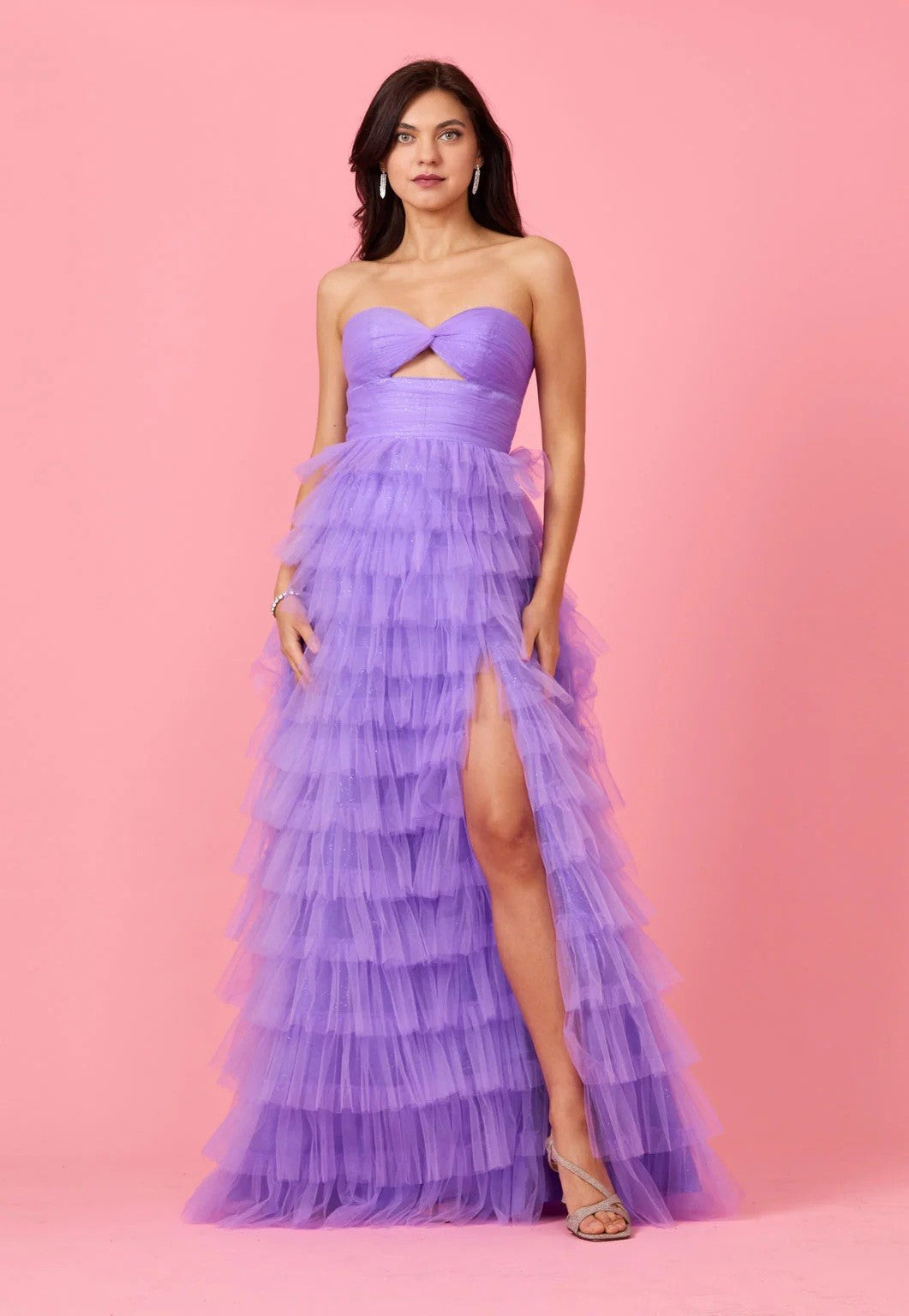 Adaline lilac layered tulle tiered formal with slit