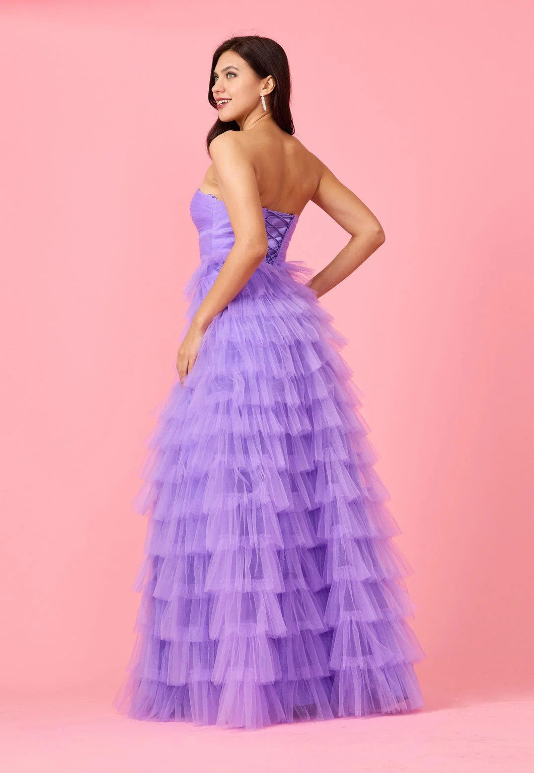 Adaline lilac layered tulle tiered formal with slit