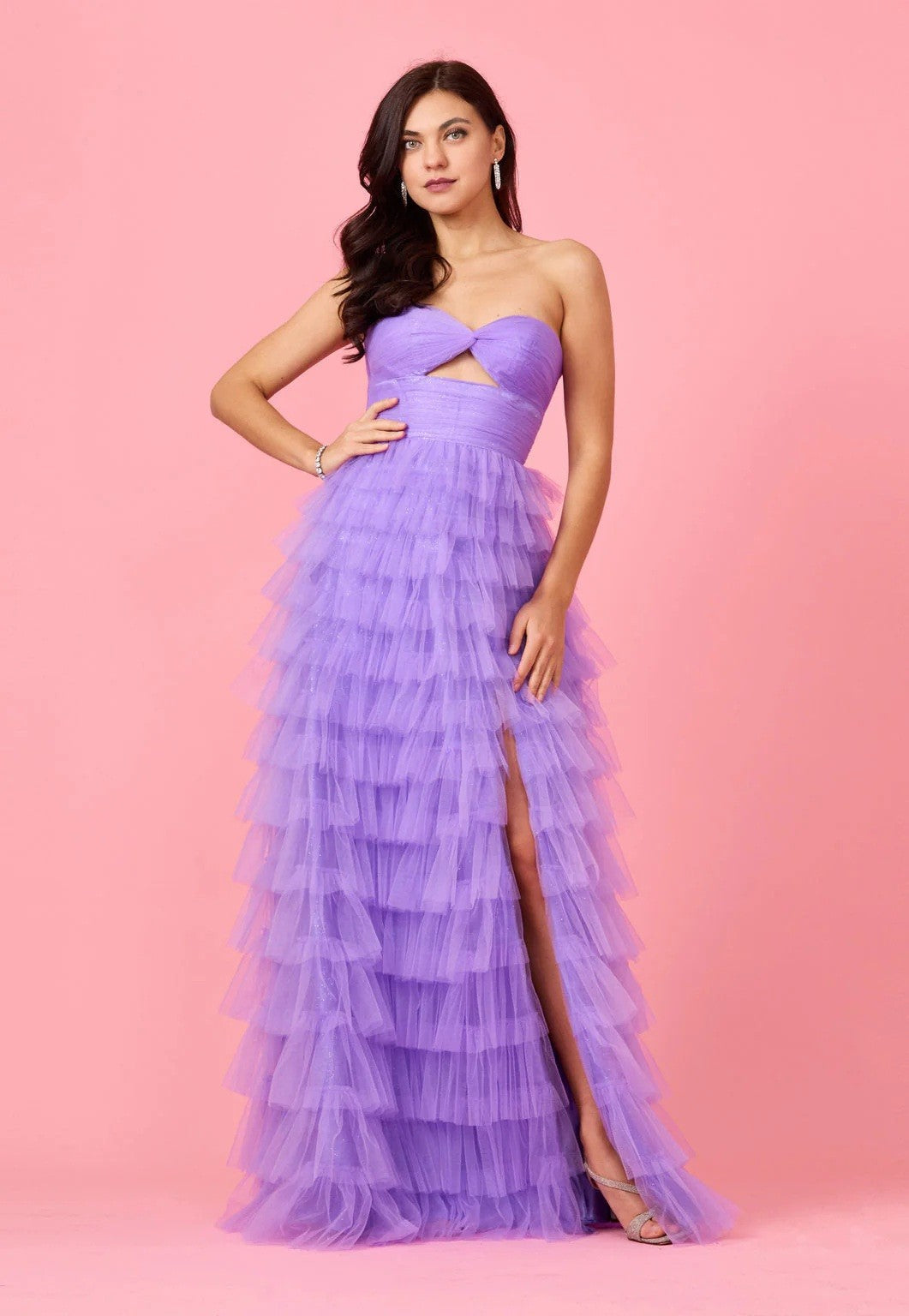 Adaline lilac layered tulle tiered formal with slit