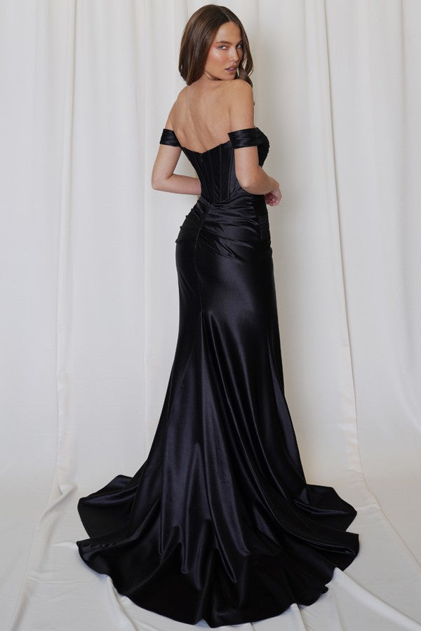 Roxanne black off shoulder twisted pleat satin formal dress (