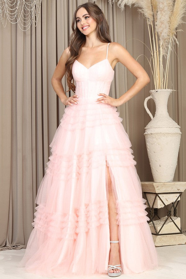 Belle blush tiered tulle ruffle skirt formal dress