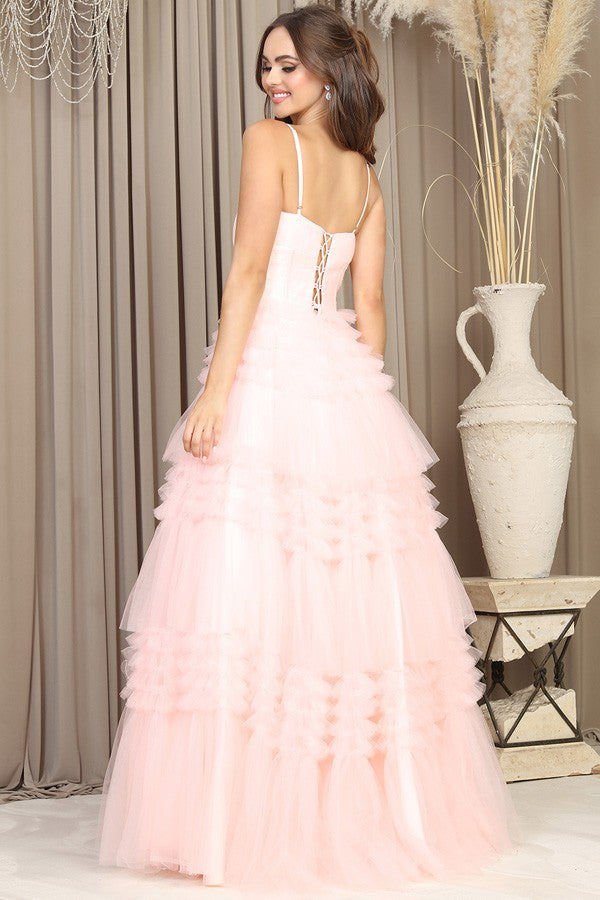 Belle blush tiered tulle ruffle skirt formal dress