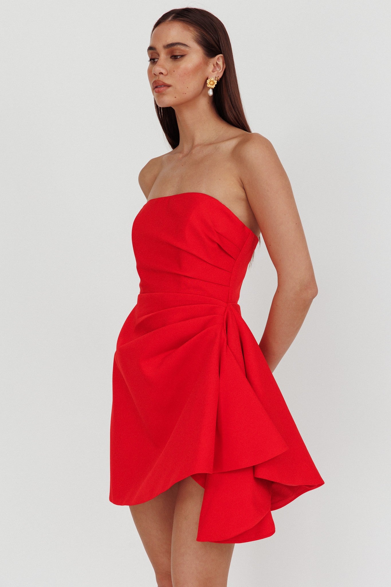 Grace red strapless tube asymmetric wrap babydoll dress