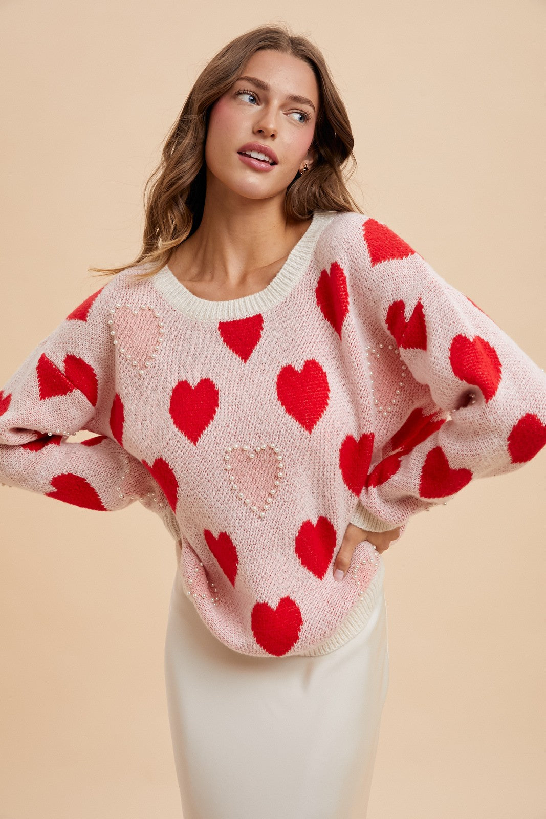 Cupid whte and red heart sweater with pearls