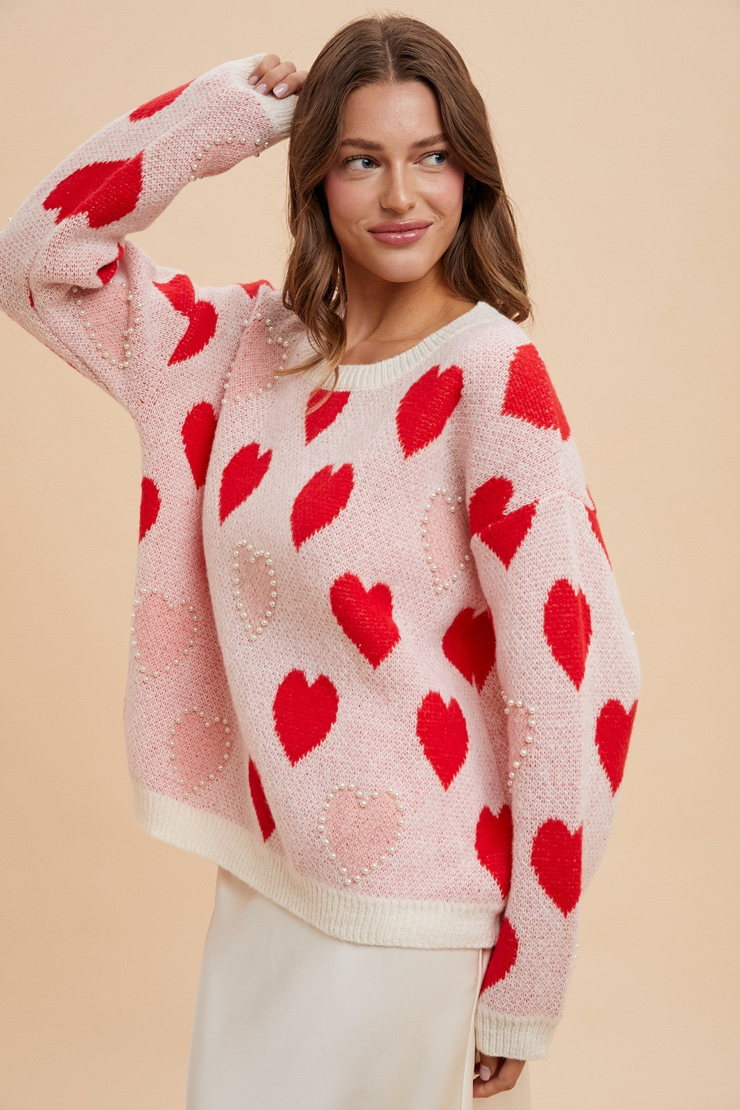 Cupid whte and red heart sweater with pearls