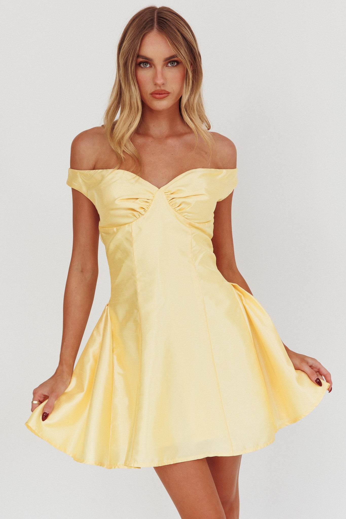 Jill yellow off the shoulder deep v satin mini dress