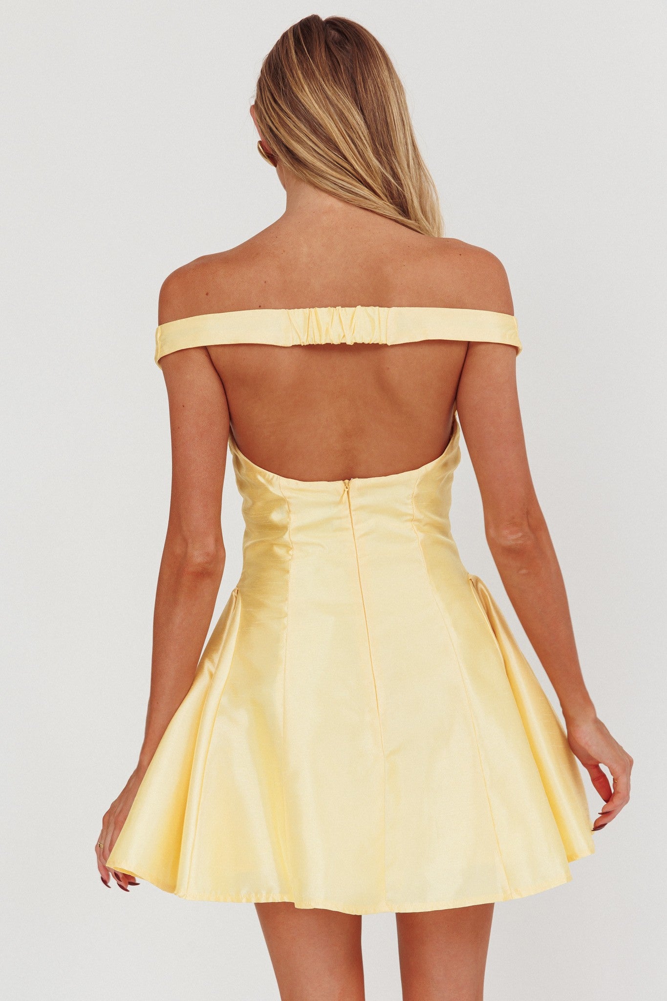 Jill yellow off the shoulder deep v satin mini dress