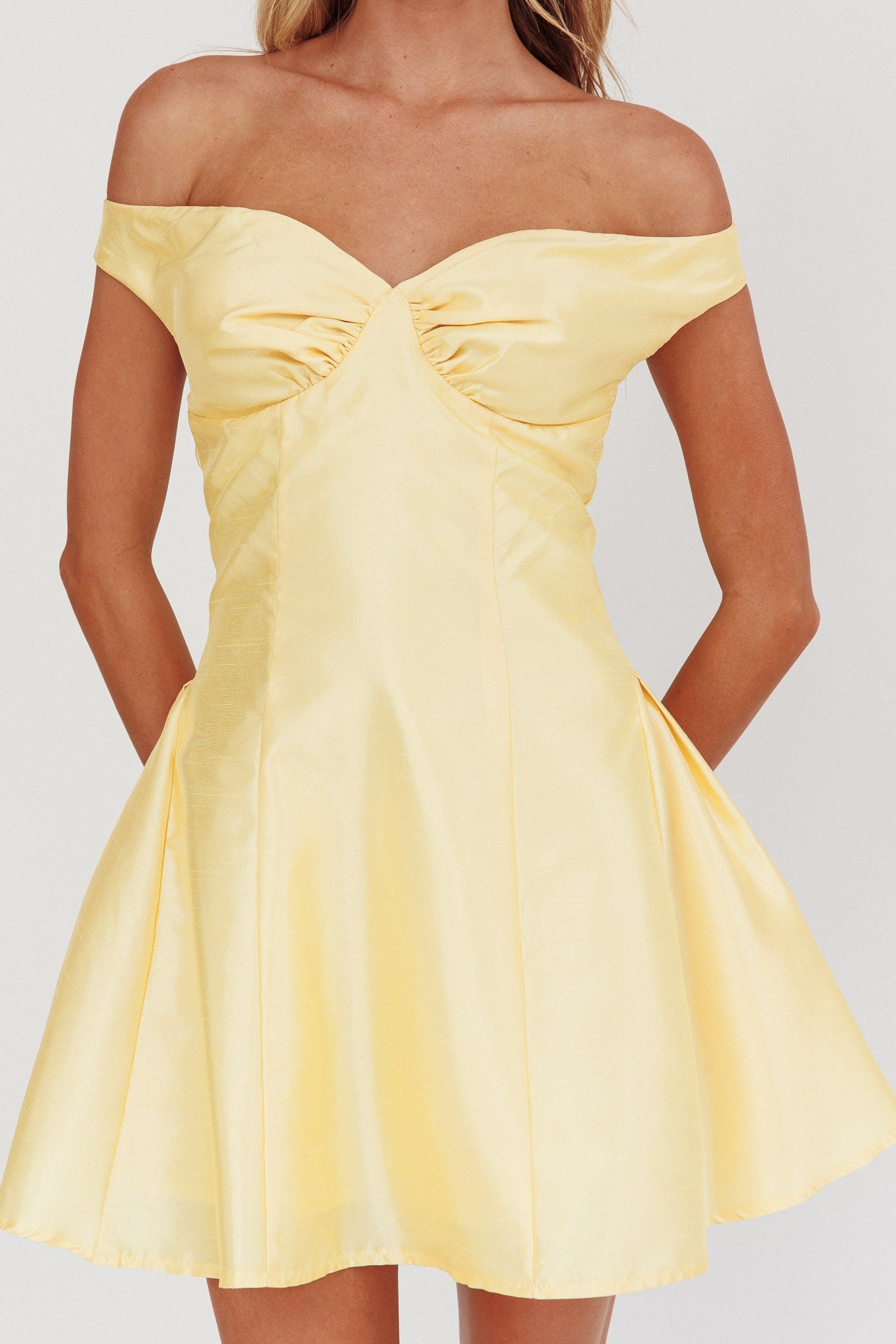 Jill yellow off the shoulder deep v satin mini dress