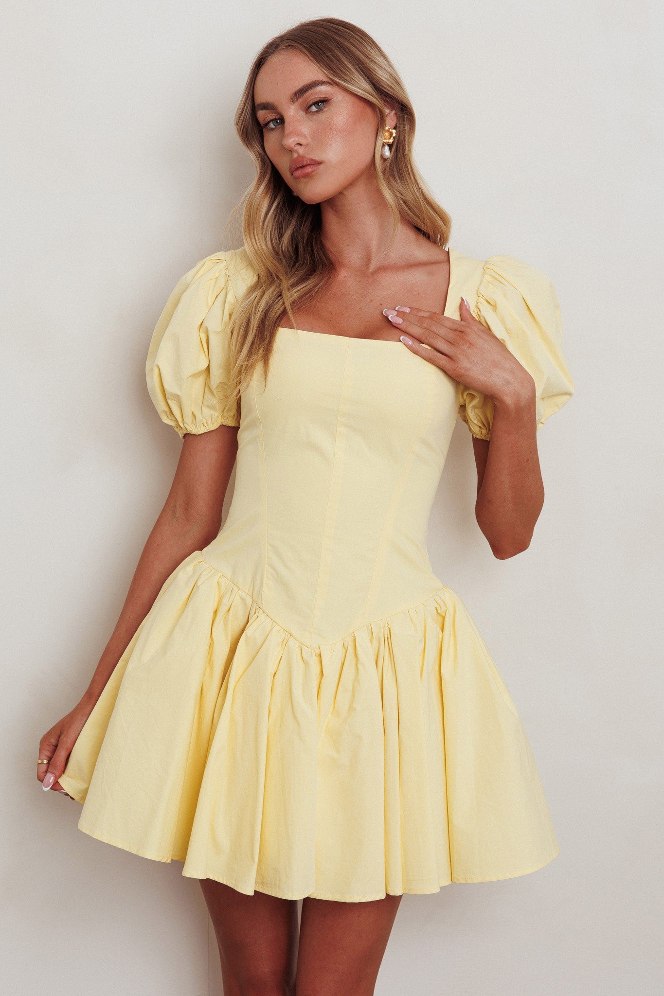 Patsy yellow puff sleeve babydoll mini dress