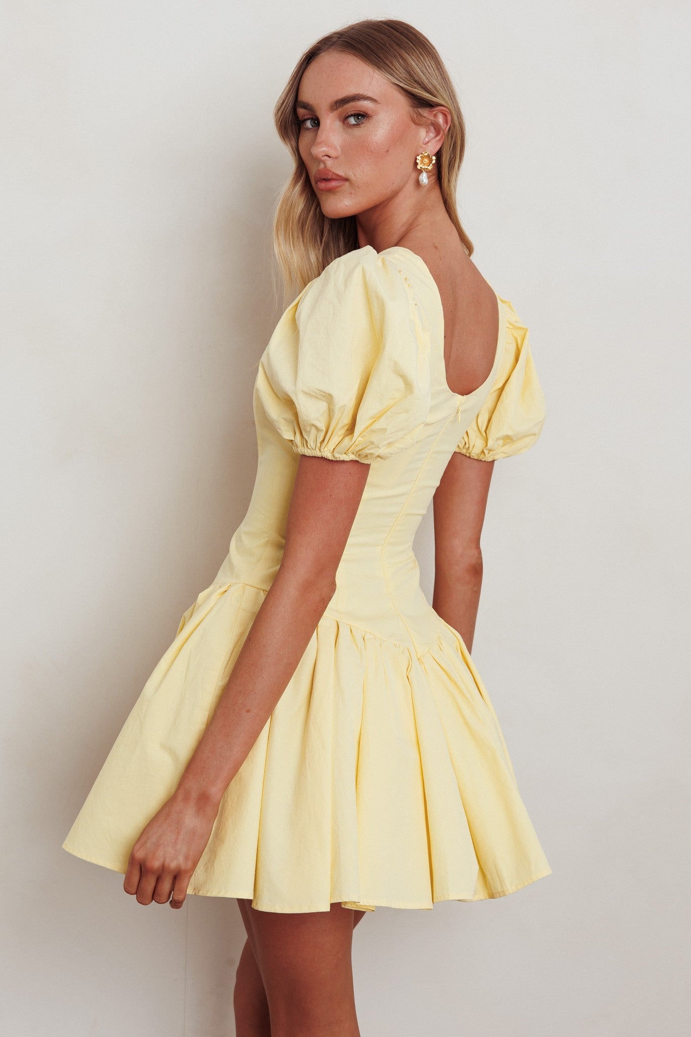 Patsy yellow puff sleeve babydoll mini dress