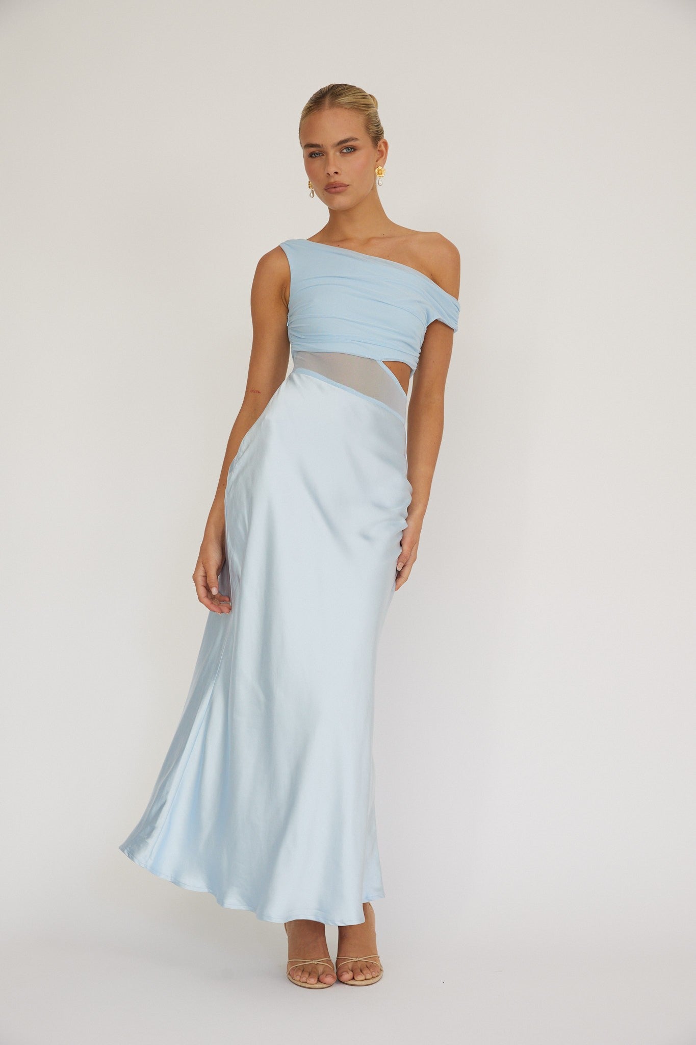 Brailynn light blue satin and mesh asymmetric midi dress