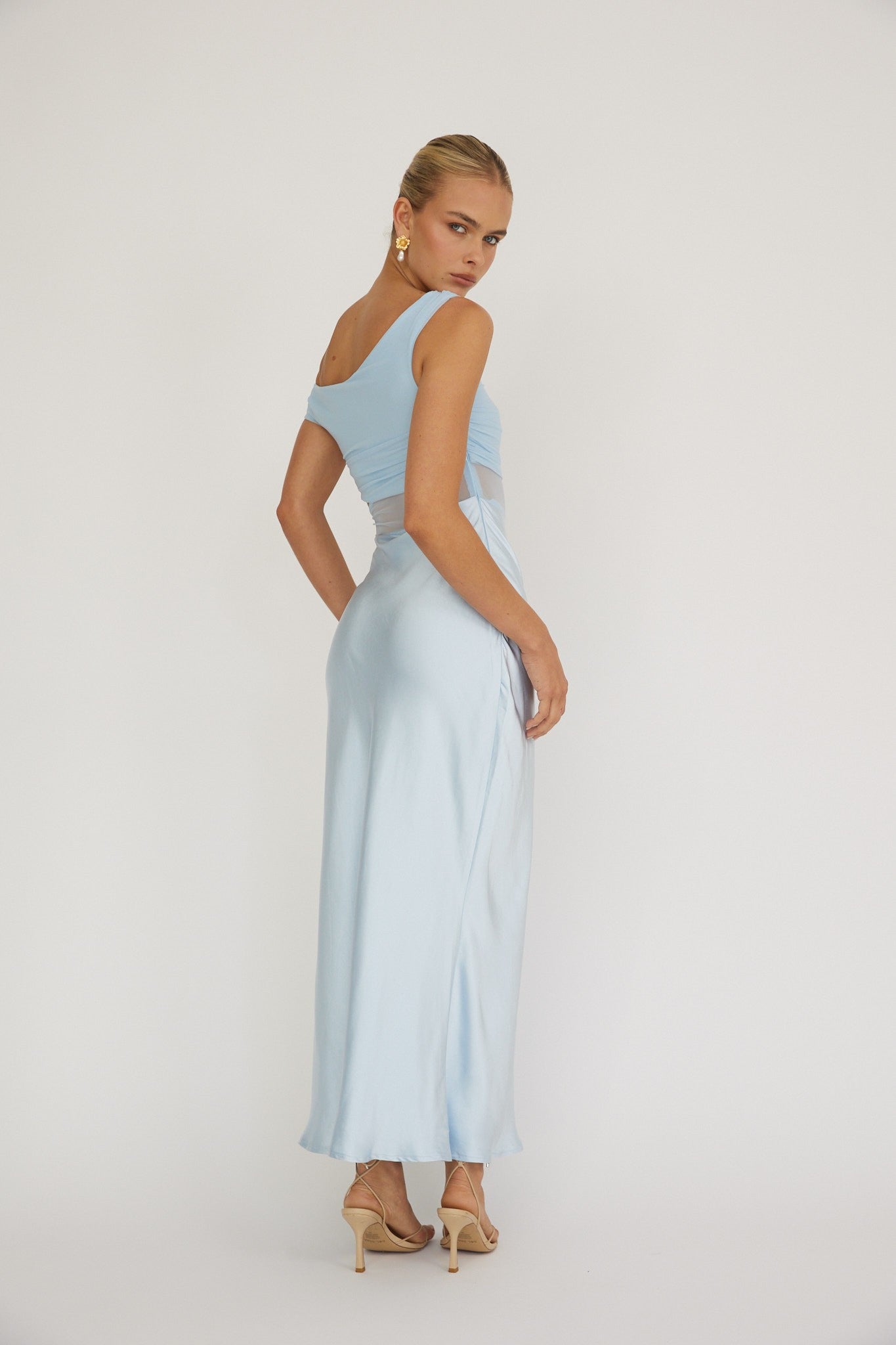 Brailynn light blue satin and mesh asymmetric midi dress