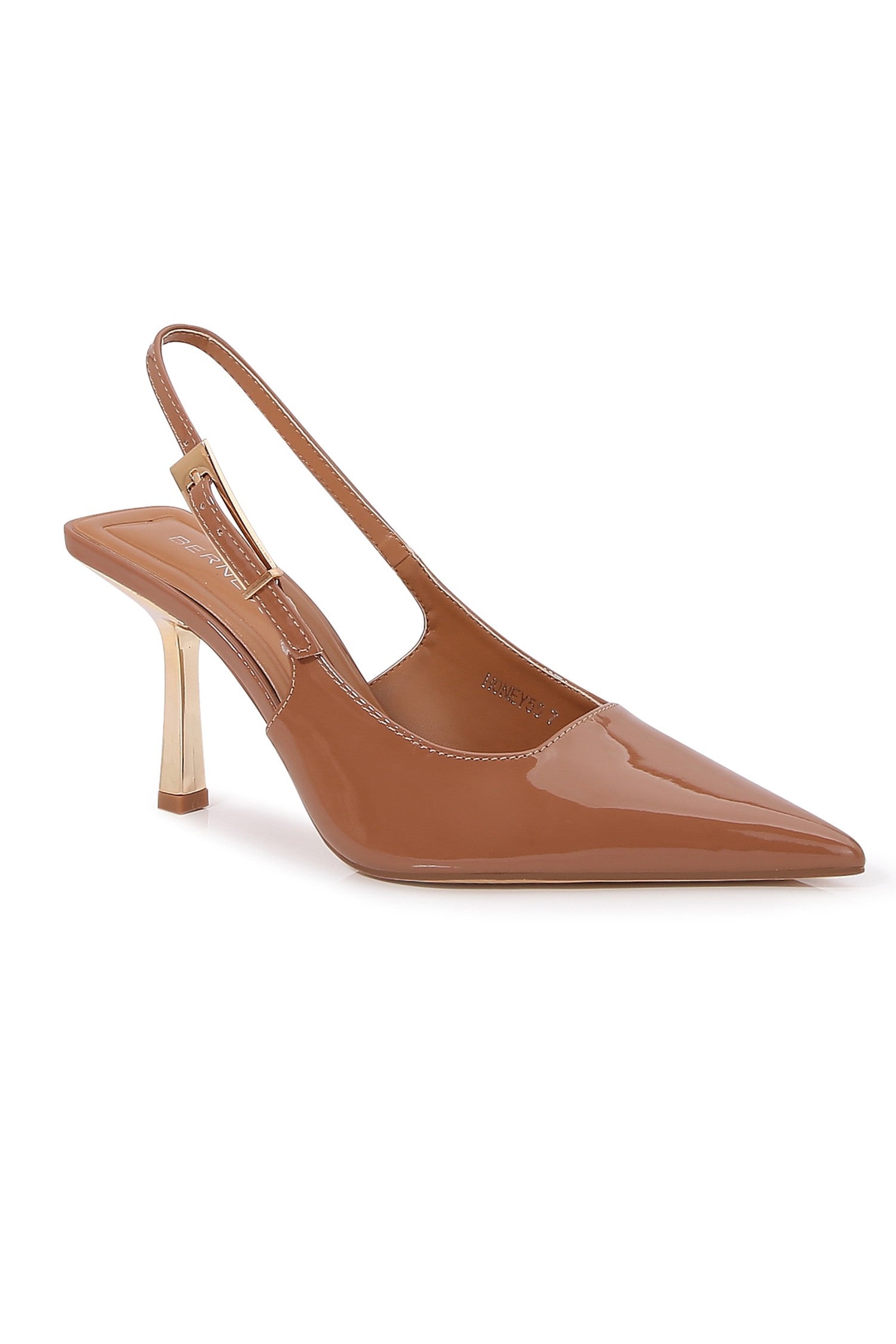 Q tan patent slingback pointed toe heel