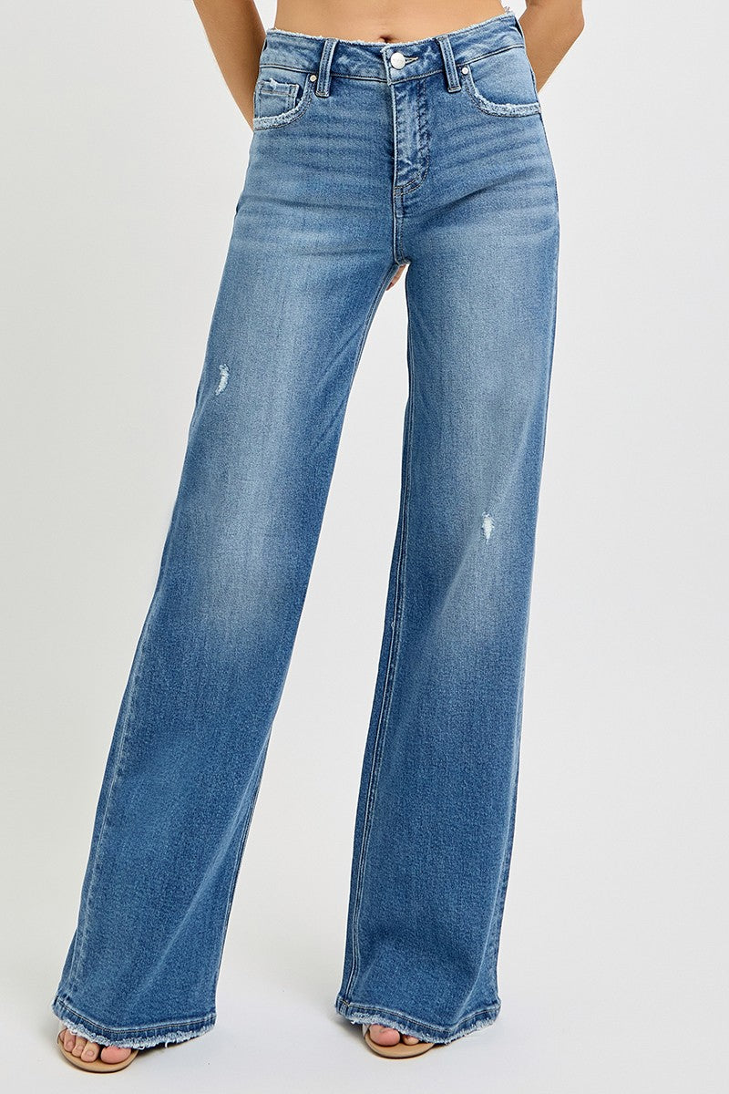 Tanner medium wash high rise wide leg jean